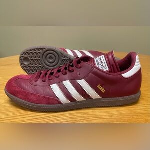 Adidas Samba size 12. Deep red with white stripes. Only worn a few times indoors